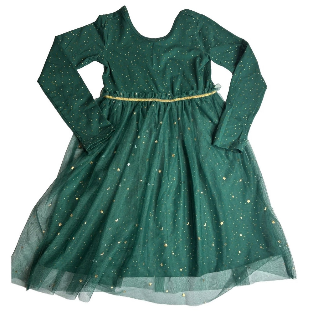 Hanna Andersson Dress Girl Size 8 Green Gold Polka Dots Moon & Stars